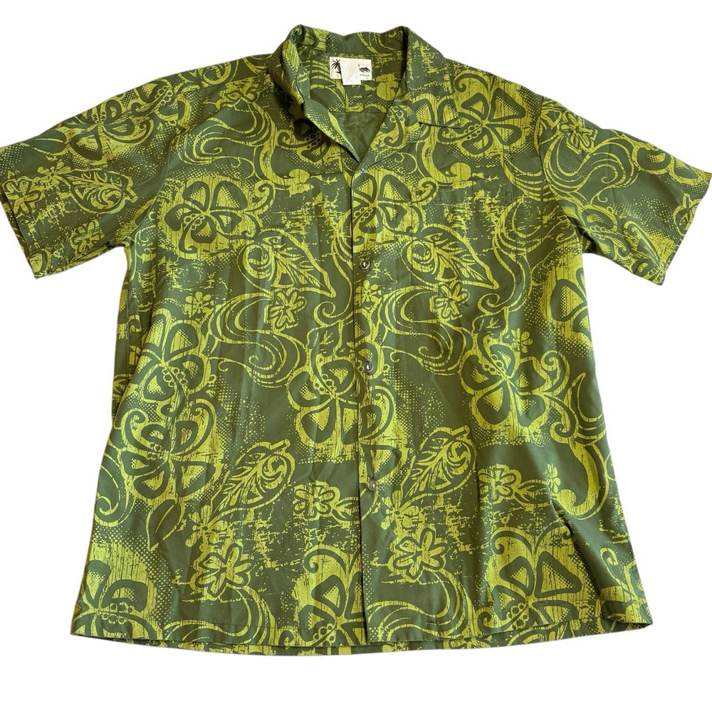 Howie Made in Hawaii Button Front Aloha Shirt XL Green Yellow Floral Tribal